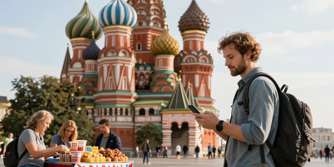 Pengembara menggunakan https://payinrussia.com/ untuk pembayaran tanpa masalah di hadapan Katedral St. Basil di Rusia.