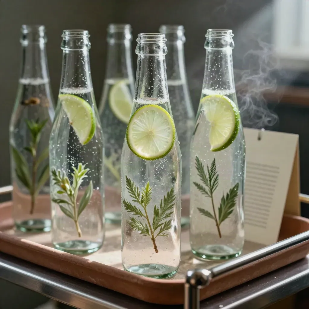 Botol air tonik berembun dengan hirisan limau dan botani kina di atas troli bar.