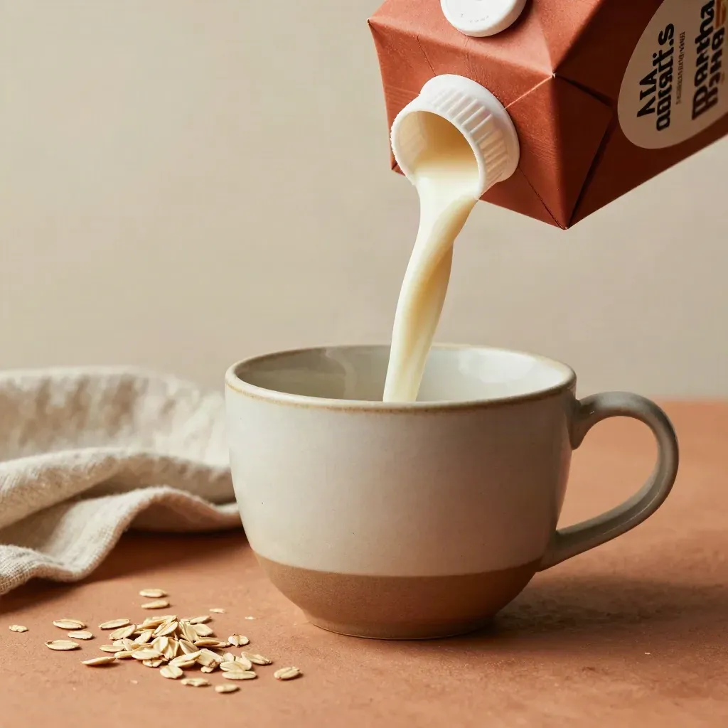 Karton susu oat dituangkan ke cawan seramik dengan biji oat dan kain linen di atas tanah liat.