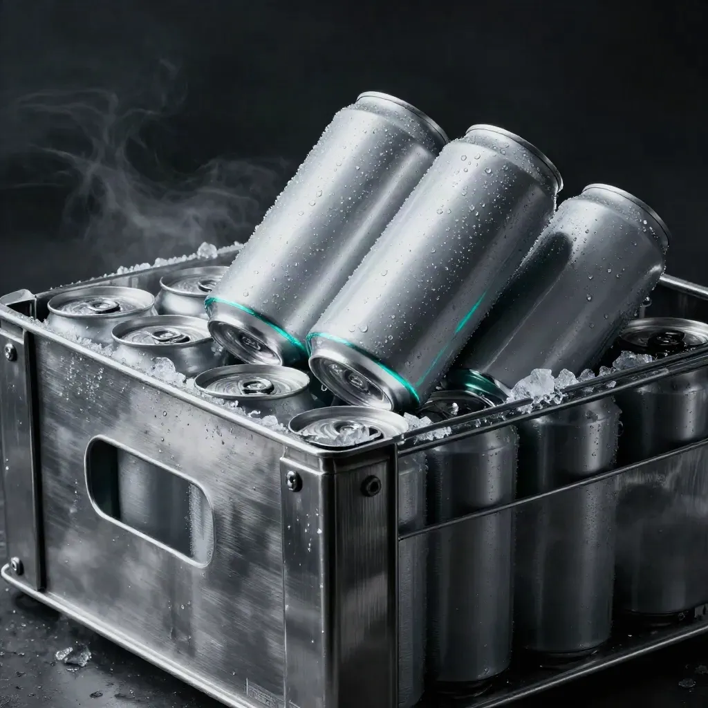 Peti logam berais berisi dua dozen tin minuman tenaga, berkabus dengan sorotan aqua.