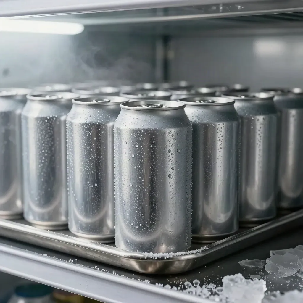 Tim soda berembun di dulang keluli berus, satu tin hadapan, kabus sejuk halus.
